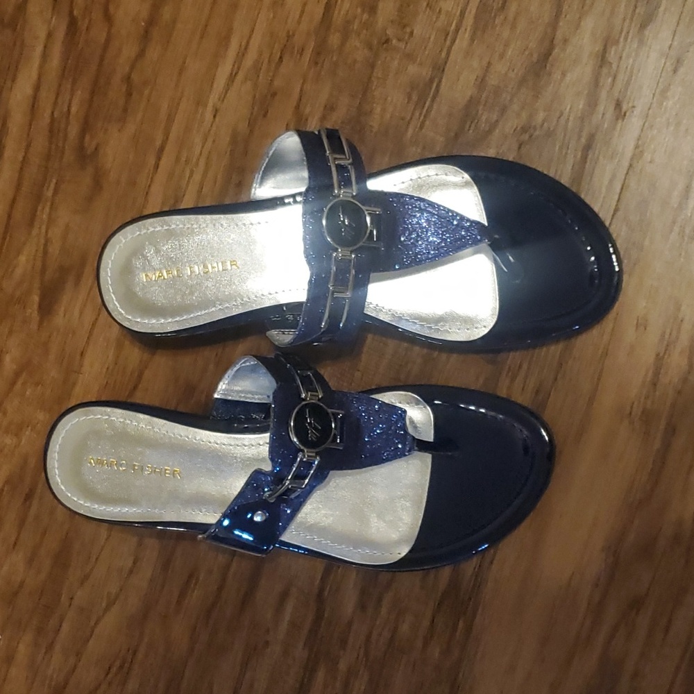 Marc Fisher Navy Blue Patent and Sparkle Thong Sandals